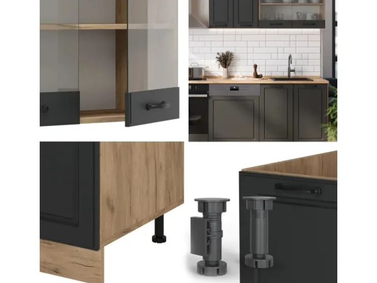 Hot Vicco R-Line Küchenzeile Anthrazit Landhaus/Goldkraft Eiche 300 cm AP Eiche ohne E-Geräte Anthrazit Struktur