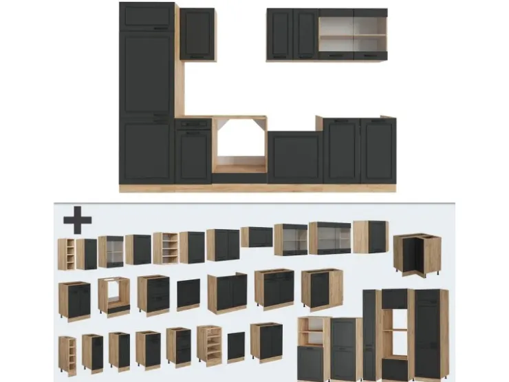 Hot Vicco R-Line Küchenzeile Anthrazit Landhaus/Goldkraft Eiche 300 cm AP Eiche ohne E-Geräte Anthrazit Struktur