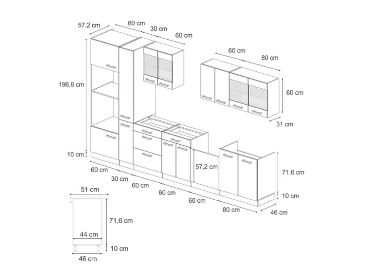 New Vicco R-Line Küchenzeile Anthrazit Landhaus/Goldkraft Eiche 350 cm AP Marmor ohne E-Geräte Anthrazit Struktur