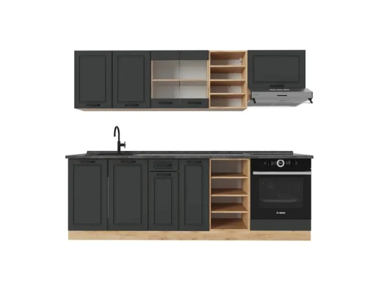 Vicco R-Line Küchenzeile Anthrazit Landhaus/Goldkraft Eiche 240 cm AP Anthrazit ohne E-Geräte Anthrazit Struktur
