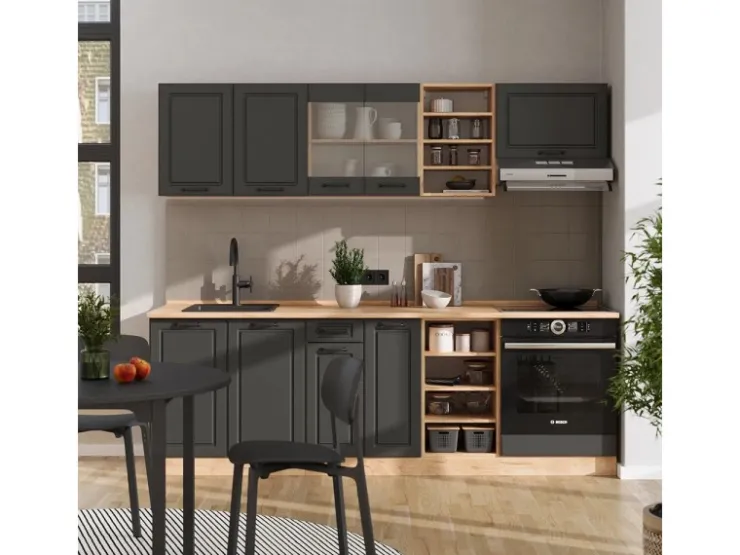 Vicco R-Line Küchenzeile Anthrazit Landhaus/Goldkraft Eiche 240 cm AP Anthrazit ohne E-Geräte Anthrazit Struktur