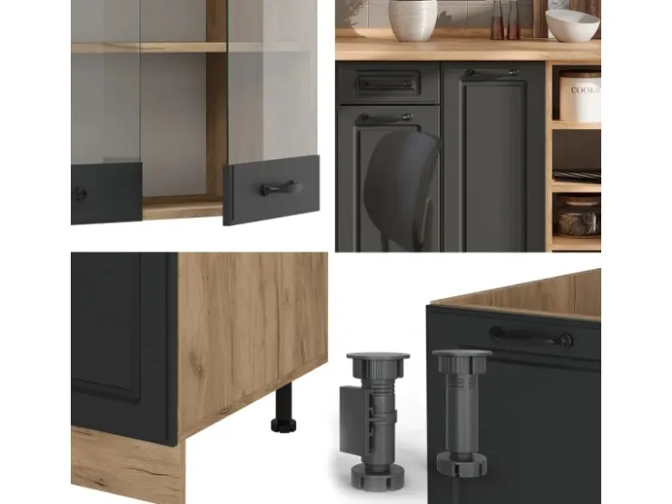 Vicco R-Line Küchenzeile Anthrazit Landhaus/Goldkraft Eiche 240 cm AP Anthrazit ohne E-Geräte Anthrazit Struktur