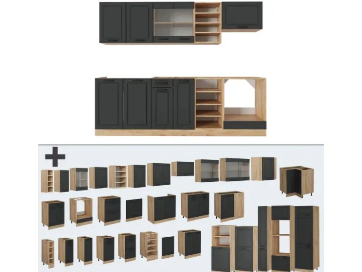 Vicco R-Line Küchenzeile Anthrazit Landhaus/Goldkraft Eiche 240 cm AP Anthrazit ohne E-Geräte Anthrazit Struktur