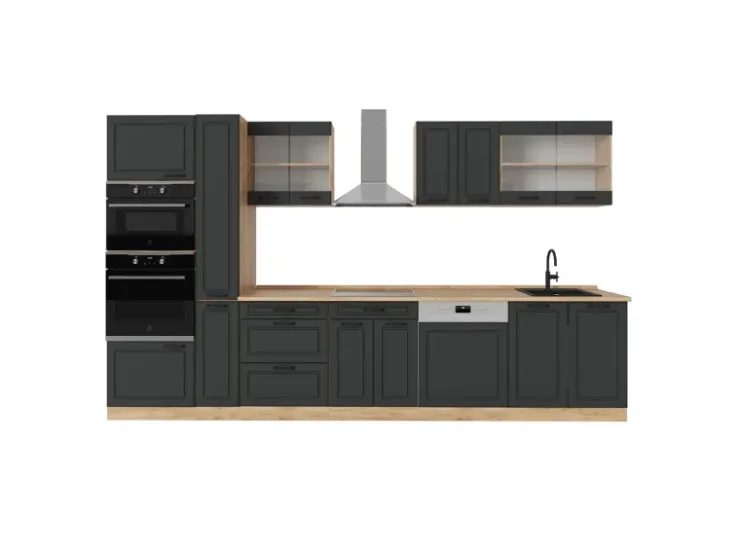 Einbauküchen<Vicco R-Line Küchenzeile Anthrazit Landhaus/Goldkraft Eiche 350 cm ohne Arbeitsplatte ohne E-Geräte Anthrazit Struktur