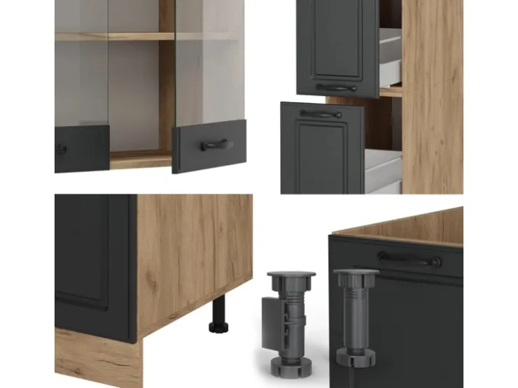 Einbauküchen<Vicco R-Line Küchenzeile Anthrazit Landhaus/Goldkraft Eiche 350 cm ohne Arbeitsplatte ohne E-Geräte Anthrazit Struktur