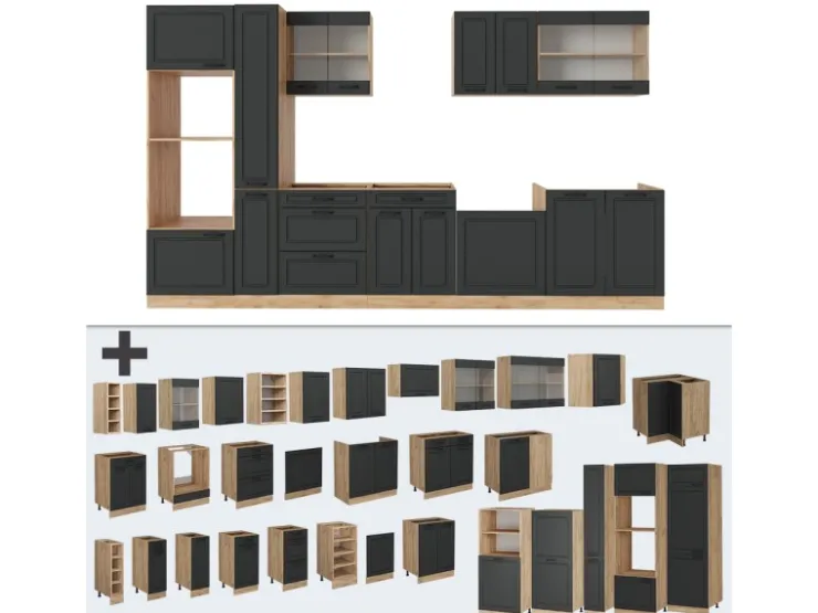 Einbauküchen<Vicco R-Line Küchenzeile Anthrazit Landhaus/Goldkraft Eiche 350 cm ohne Arbeitsplatte ohne E-Geräte Anthrazit Struktur