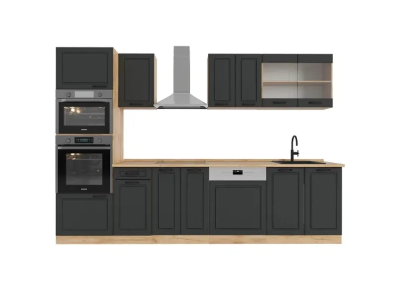 Clearance Vicco R-Line Küchenzeile Anthrazit Landhaus/Goldkraft Eiche 300 cm mit HochschrankAP Eiche ohne E-Geräte Küchenschränke|Einbauküchen