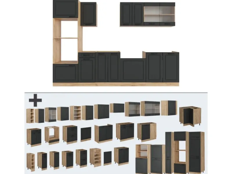 Clearance Vicco R-Line Küchenzeile Anthrazit Landhaus/Goldkraft Eiche 300 cm mit HochschrankAP Eiche ohne E-Geräte Küchenschränke|Einbauküchen