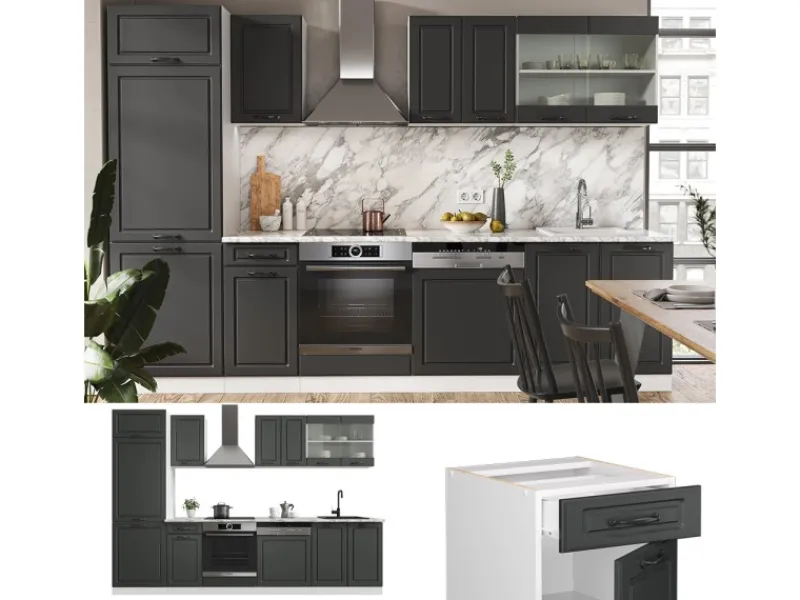 Outlet Vicco R-Line Küchenzeile Anthrazit Landhaus/Weiß 300 cm AP Eiche ohne E-Geräte Einbauküchen