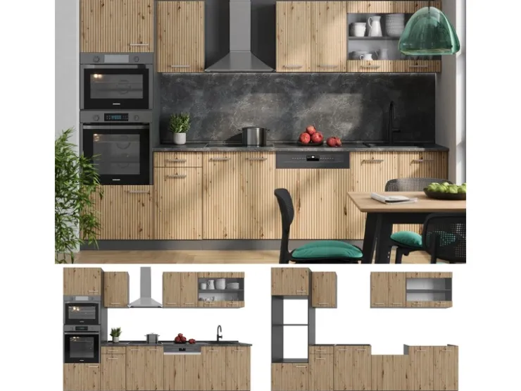 Clearance Vicco R-Line Küchenzeile Artisan Eiche/Anthrazit 300 cm mit HochschrankAP Eiche ohne E-Geräte Eiche Hell