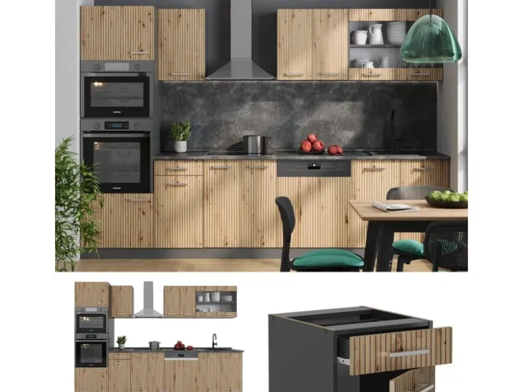 Discount Vicco R-Line Küchenzeile Artisan Eiche/Anthrazit 300 cm mit Hochschrankohne Arbeitsplatte ohne E-Geräte Eiche Hell