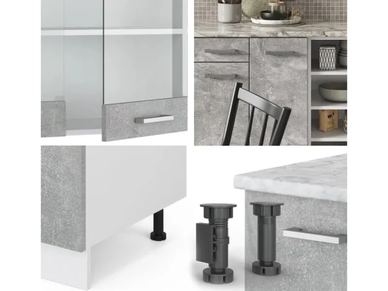 Best Vicco R-Line Küchenzeile Beton/Weiß 240 cm ohne Arbeitsplatte ohne E-Geräte Einbauküchen