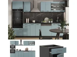 Vicco R-Line Küchenzeile Blau-Grau/Anthrazit 300 cm mit HochschrankAP Marmor ohne E-Geräte Einbauküchen
