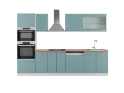 Discount Vicco R-Line Küchenzeile Blau-Grau/Weiß 300 cm mit HochschrankAP Eiche ohne E-Geräte Blaugrau