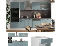 Discount Vicco R-Line Küchenzeile Blau-Grau/Weiß 300 cm mit HochschrankAP Eiche ohne E-Geräte Blaugrau