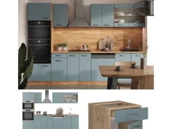 New Vicco R-Line Küchenzeile Blau-Grau/Goldkraft Eiche 300 cm mit HochschrankAP Eiche ohne E-Geräte Einbauküchen
