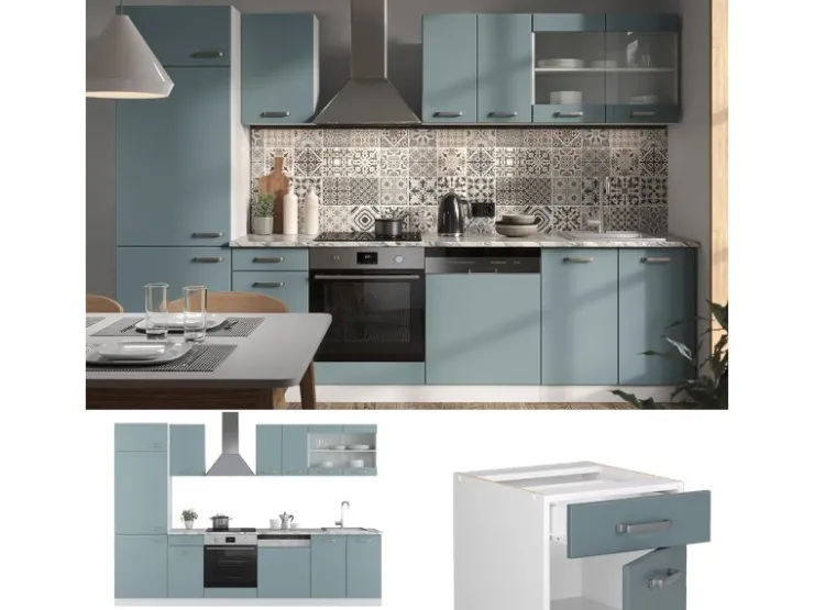 Einbauküchen<Vicco R-Line Küchenzeile Blau-Grau 300 cm AP Marmor ohne E-Geräte Blaugrau