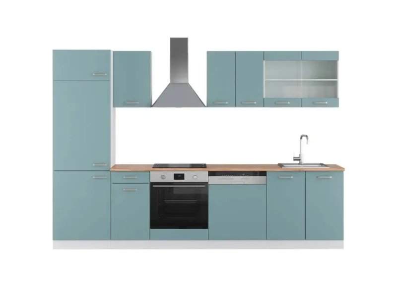 Best Vicco R-Line Küchenzeile Blau-Grau/Weiß 300 cm AP Eiche ohne E-Geräte Pantryküchen