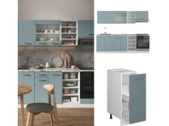 Outlet Vicco R-Line Küchenzeile Blau-Grau/Weiß 240 cm AP Anthrazit ohne E-Geräte Single-Küchen|Pantryküchen