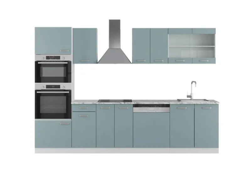 Outlet Vicco R-Line Küchenzeile Blau-Grau 300 cm mit HochschrankAP Marmor ohne E-Geräte Herde|Kühlschränke