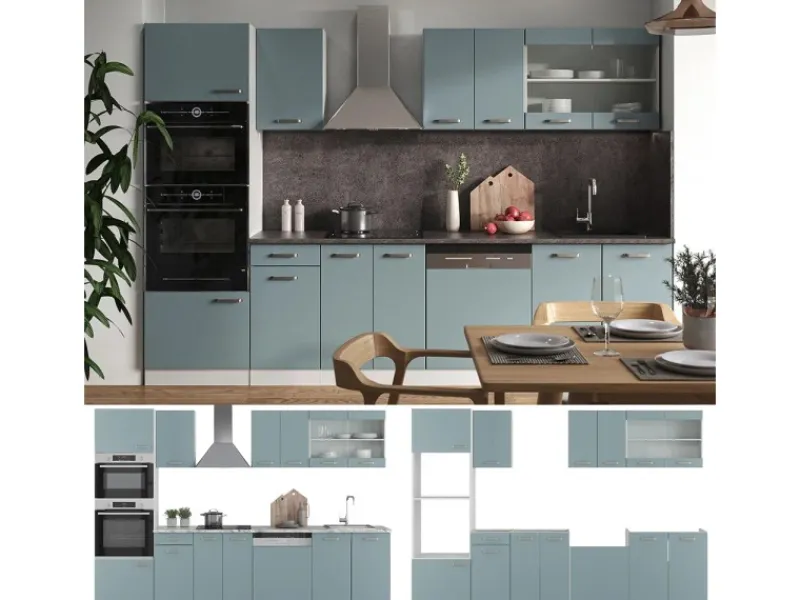 Outlet Vicco R-Line Küchenzeile Blau-Grau 300 cm mit HochschrankAP Marmor ohne E-Geräte Herde|Kühlschränke