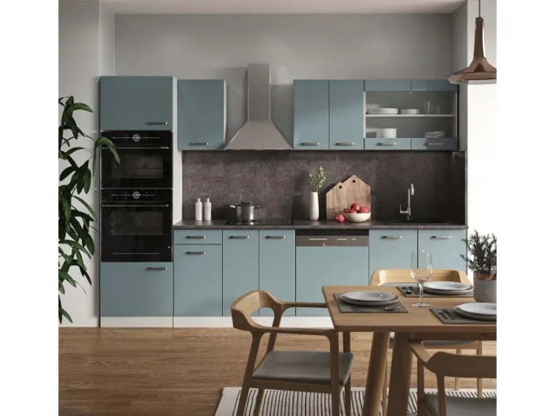 Outlet Vicco R-Line Küchenzeile Blau-Grau 300 cm mit HochschrankAP Marmor ohne E-Geräte Herde|Kühlschränke