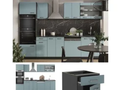 Best Vicco R-Line Küchenzeile Blau-Grau/Anthrazit 300 cm mit HochschrankAP Eiche ohne E-Geräte Einbauküchen