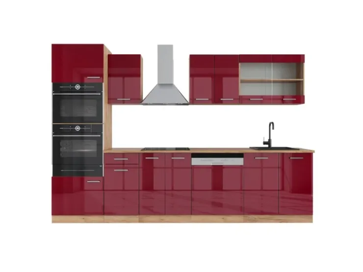 Sale Vicco R-Line Küchenzeile Bordeaux Hochglanz/Goldkraft Eiche 300 cm mit HochschrankAP Eiche ohne E-Geräte Bordeaux-Glanz