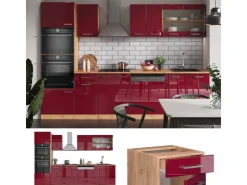 Sale Vicco R-Line Küchenzeile Bordeaux Hochglanz/Goldkraft Eiche 300 cm mit HochschrankAP Eiche ohne E-Geräte Bordeaux-Glanz