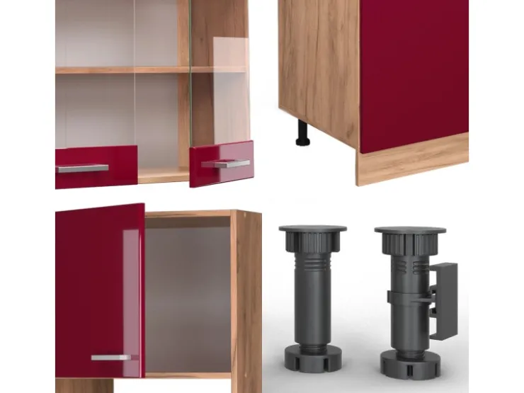 Sale Vicco R-Line Küchenzeile Bordeaux Hochglanz/Goldkraft Eiche 300 cm mit HochschrankAP Eiche ohne E-Geräte Bordeaux-Glanz