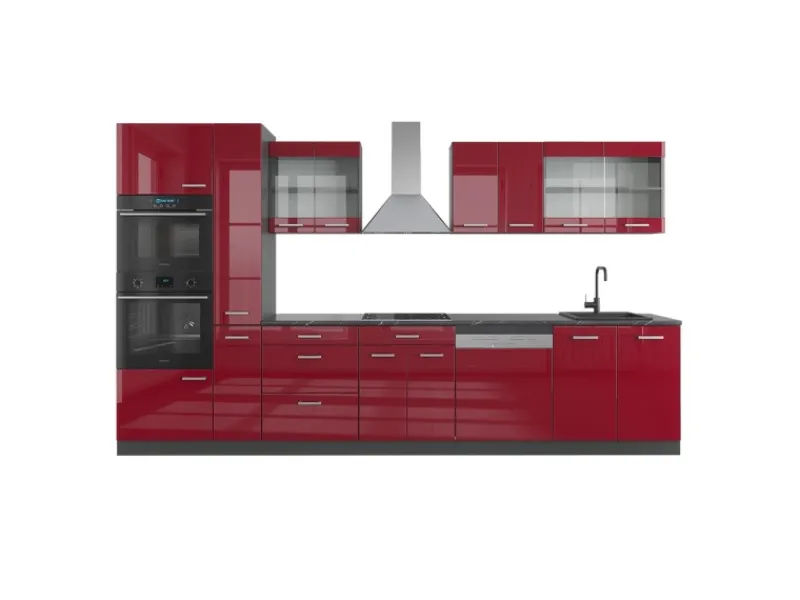 Vicco R-Line Küchenzeile Bordeaux Hochglanz/Anthrazit 350 cm mit Hochschrankohne Arbeitsplatte ohne E-Geräte Kochfelder|Küchenschränke