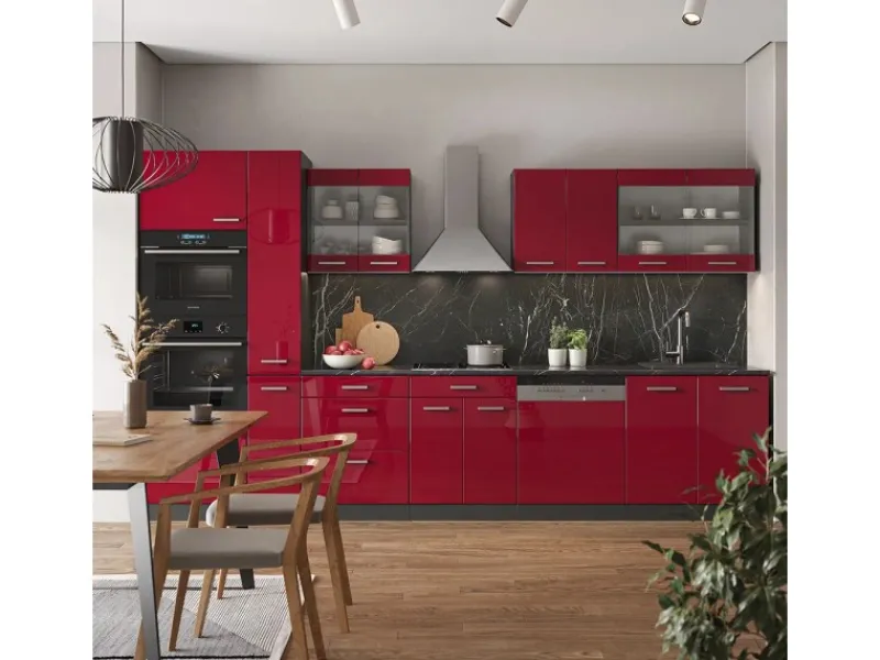 Vicco R-Line Küchenzeile Bordeaux Hochglanz/Anthrazit 350 cm mit Hochschrankohne Arbeitsplatte ohne E-Geräte Kochfelder|Küchenschränke