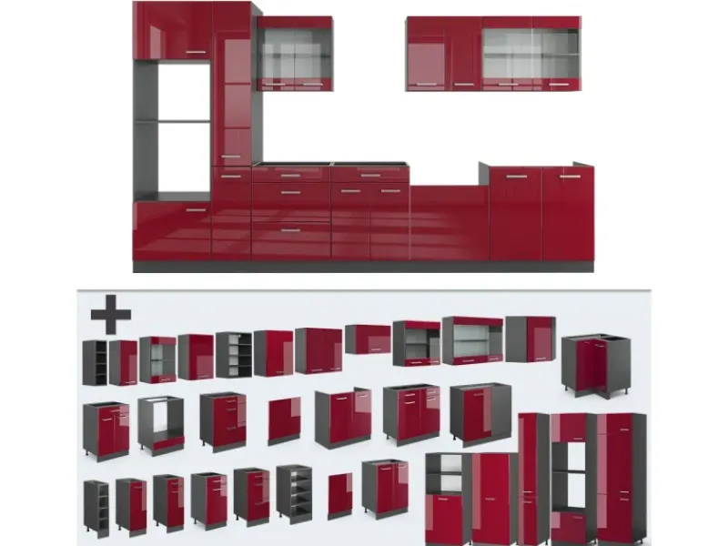 Vicco R-Line Küchenzeile Bordeaux Hochglanz/Anthrazit 350 cm mit Hochschrankohne Arbeitsplatte ohne E-Geräte Kochfelder|Küchenschränke