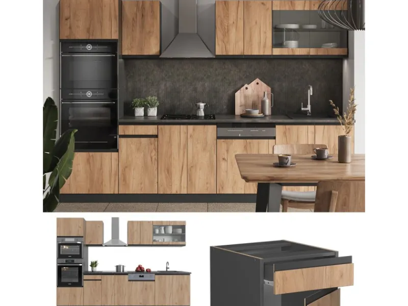 Best Vicco R-Line Küchenzeile Goldkraft Eiche/Anthrazit 300 cm mit HochschrankAP Marmor ohne E-Geräte Einbauküchen