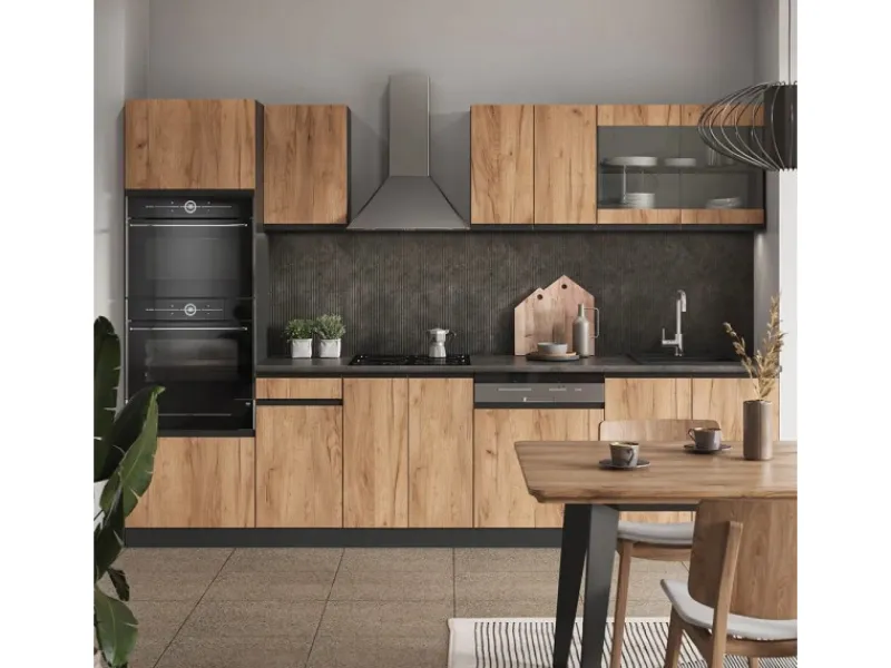 Best Vicco R-Line Küchenzeile Goldkraft Eiche/Anthrazit 300 cm mit HochschrankAP Marmor ohne E-Geräte Einbauküchen
