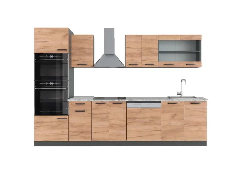 Discount Vicco R-Line Küchenzeile Goldkraft Eiche/Anthrazit 300 cm mit HochschrankAP Marmor ohne E-Geräte Einbauküchen