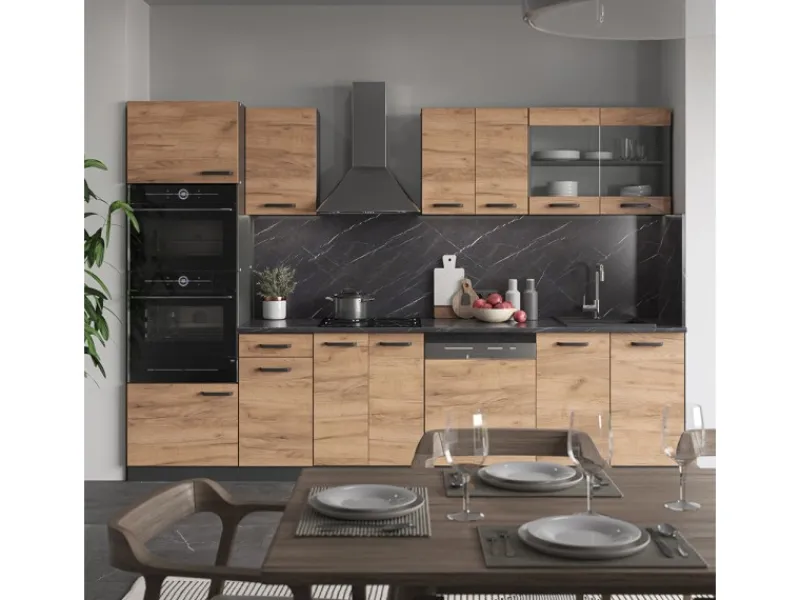 Discount Vicco R-Line Küchenzeile Goldkraft Eiche/Anthrazit 300 cm mit HochschrankAP Marmor ohne E-Geräte Einbauküchen