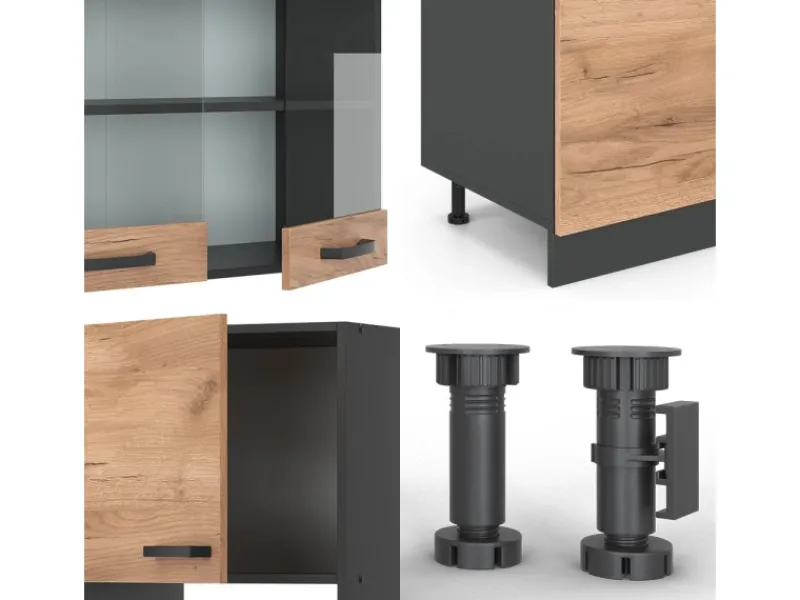 Discount Vicco R-Line Küchenzeile Goldkraft Eiche/Anthrazit 300 cm mit HochschrankAP Marmor ohne E-Geräte Einbauküchen