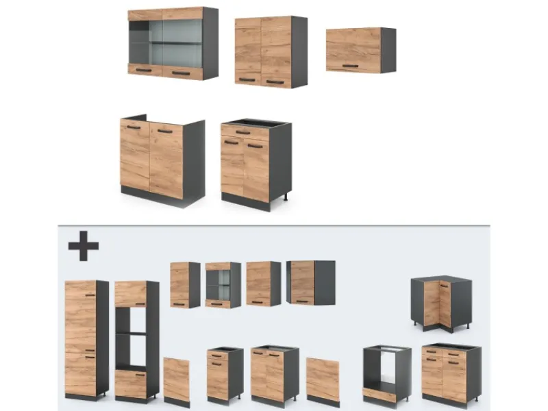 Best Vicco R-Line Küchenzeile Goldkraft Eiche/Anthrazit 200 cm ohne Arbeitsplatte ohne E-Geräte Einbauküchen