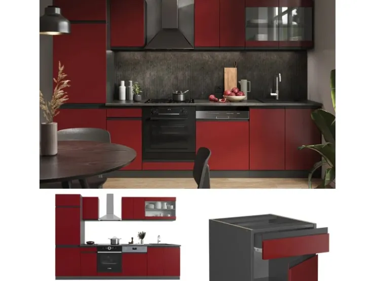 Hot Vicco R-Line Küchenzeile /Anthrazit 300 cm AP Marmor ohne E-Geräte Rot
