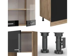 Einbauküchen<Vicco R-Line Küchenzeile /Goldkraft Eiche 300 cm mit HochschrankAP Eiche ohne E-Geräte Schwarz Hochglanz