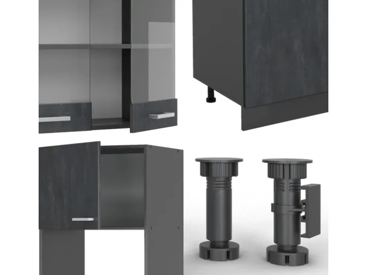 Einbauküchen<Vicco R-Line Küchenzeile Schwarz Beton/Anthrazit 300 cm AP Eiche ohne E-Geräte Beton Anthrazit