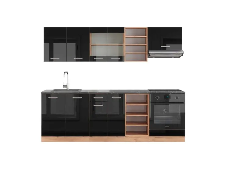 Einbauküchen<Vicco R-Line Küchenzeile /Goldkraft Eiche 240 cm AP Anthrazit ohne E-Geräte Schwarz Hochglanz