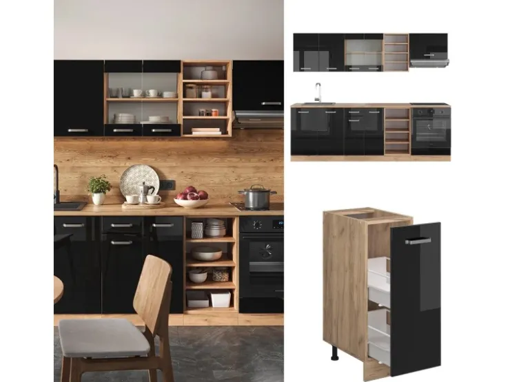 Einbauküchen<Vicco R-Line Küchenzeile /Goldkraft Eiche 240 cm AP Anthrazit ohne E-Geräte Schwarz Hochglanz