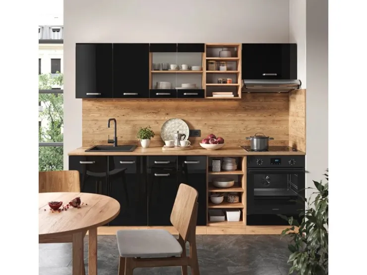 Einbauküchen<Vicco R-Line Küchenzeile /Goldkraft Eiche 240 cm AP Anthrazit ohne E-Geräte Schwarz Hochglanz