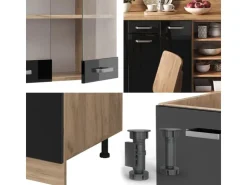 Einbauküchen<Vicco R-Line Küchenzeile /Goldkraft Eiche 240 cm AP Anthrazit ohne E-Geräte Schwarz Hochglanz