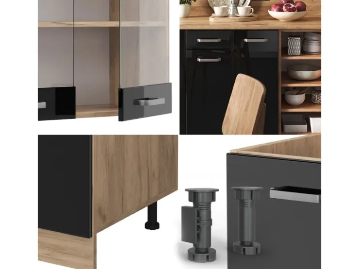 Einbauküchen<Vicco R-Line Küchenzeile /Goldkraft Eiche 240 cm AP Anthrazit ohne E-Geräte Schwarz Hochglanz