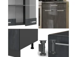 Hot Vicco R-Line Küchenzeile Schwarz Beton/Anthrazit 200 cm AP Marmor ohne E-Geräte Beton Anthrazit