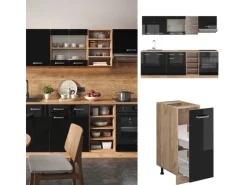 Hot Vicco R-Line Küchenzeile /Goldkraft Eiche 240 cm ohne Arbeitsplatte ohne E-Geräte Schwarz Hochglanz