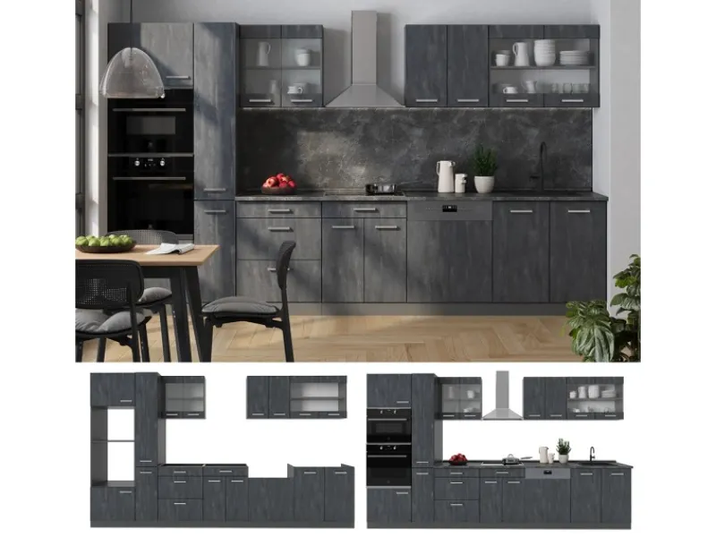 Best Vicco R-Line Küchenzeile Schwarz Beton/Anthrazit 350 cm AP Eiche ohne E-Geräte Einbauküchen